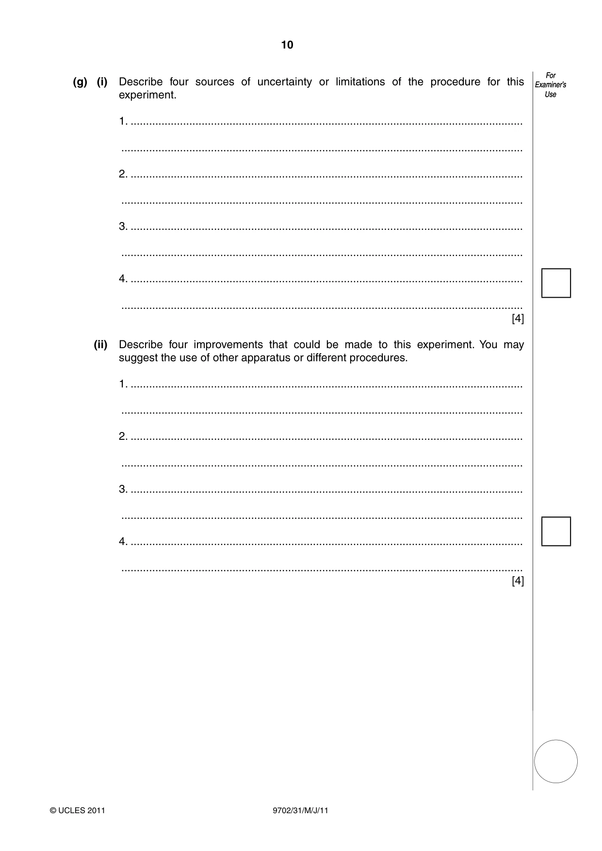 Cambridge A Level Physics 9702 2011 May/June Paper 3 · Variant 1 question paper, page 10 of 12