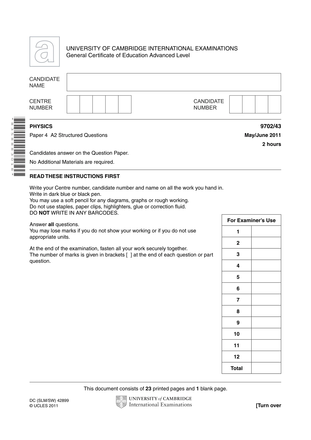 Cambridge A Level Physics 9702 2011 May/June Paper 4 · Variant 3 question paper, page 1 of 24