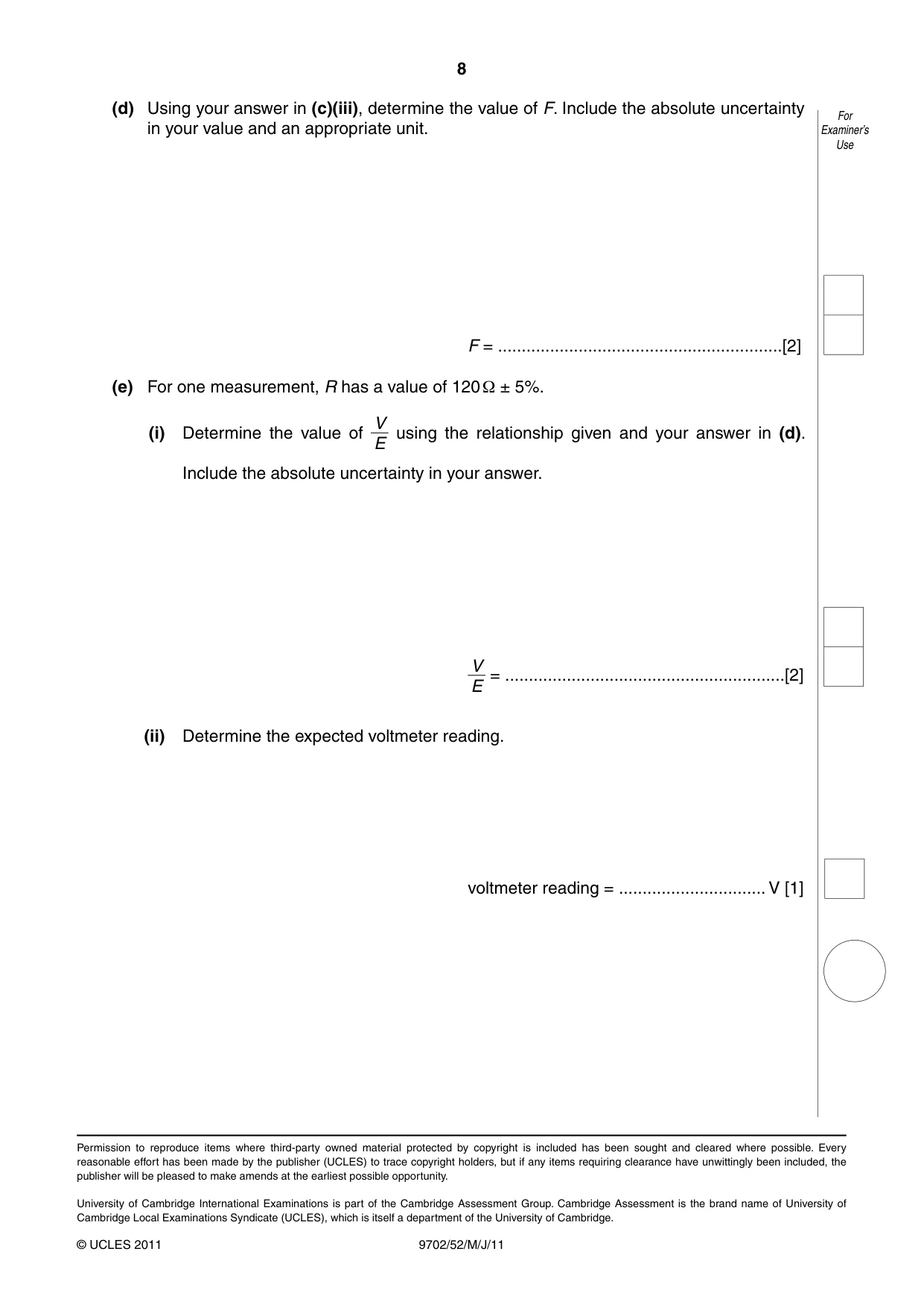 Cambridge A Level Physics 9702 2011 May/June Paper 5 · Variant 2 question paper, page 8 of 8