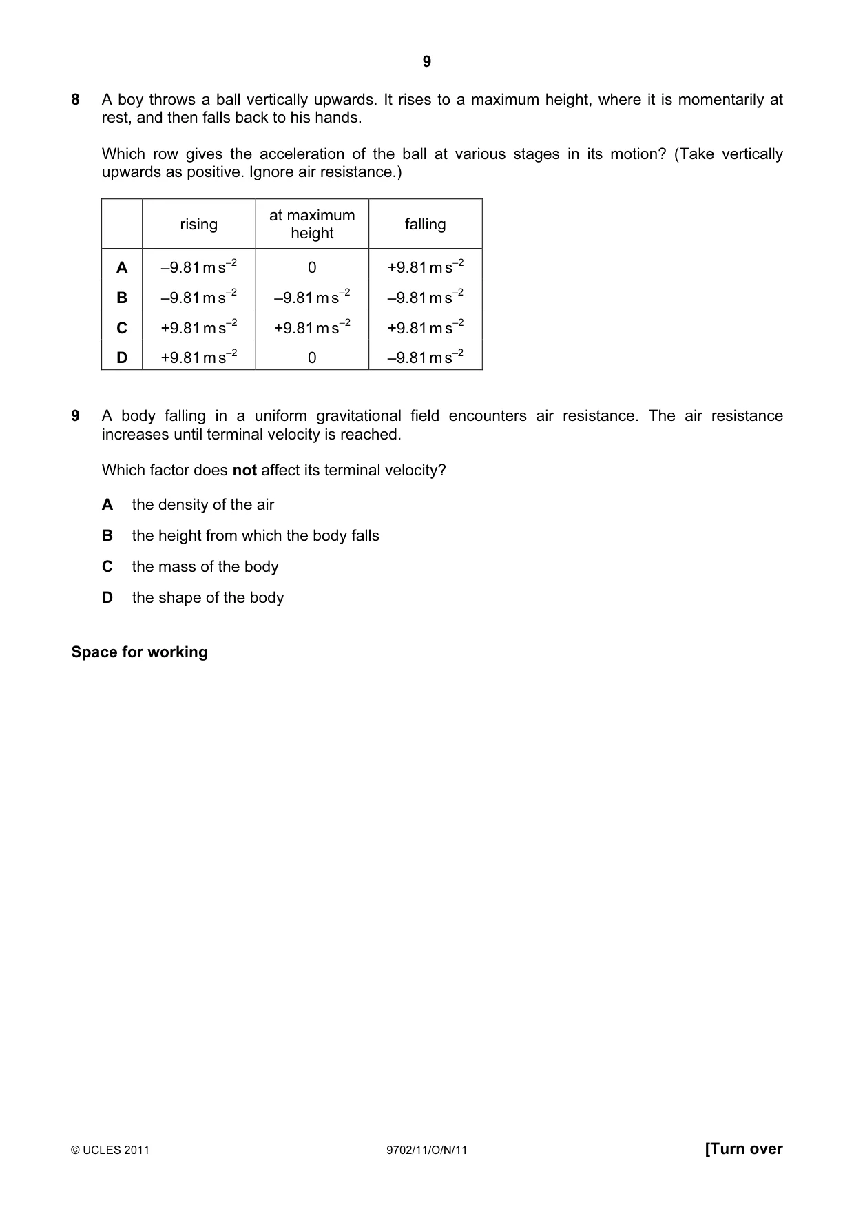 Cambridge A Level Physics 9702 2011 Oct/Nov Paper 1 · Variant 1 question paper, page 9 of 28