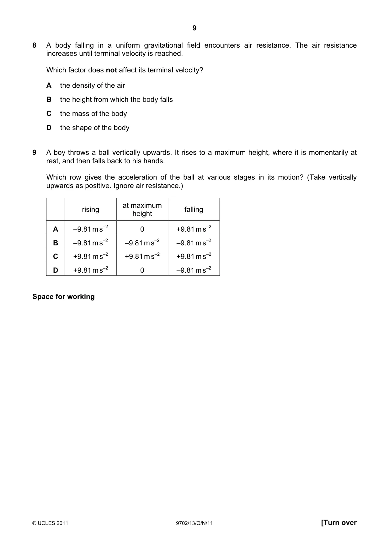 Cambridge A Level Physics 9702 2011 Oct/Nov Paper 1 · Variant 3 question paper, page 9 of 28