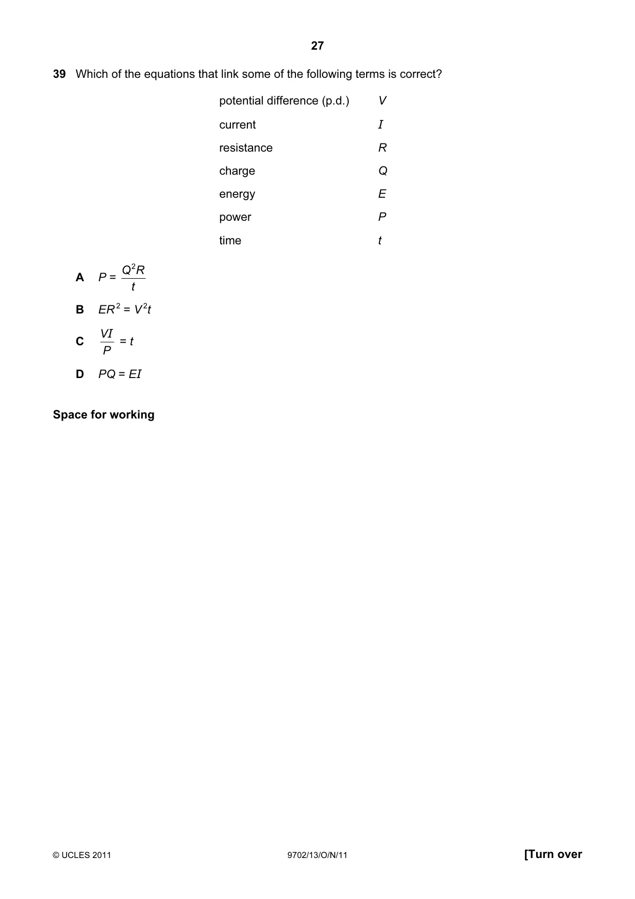 Cambridge A Level Physics 9702 2011 Oct/Nov Paper 1 · Variant 3 question paper, page 27 of 28