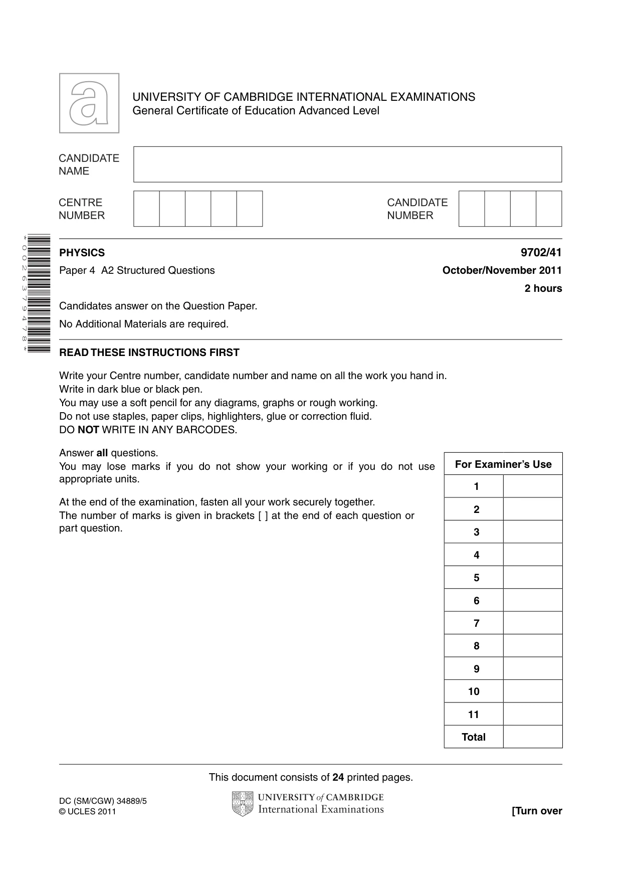 Cambridge A Level Physics 9702 2011 Oct/Nov Paper 4 · Variant 1 question paper, page 1 of 24