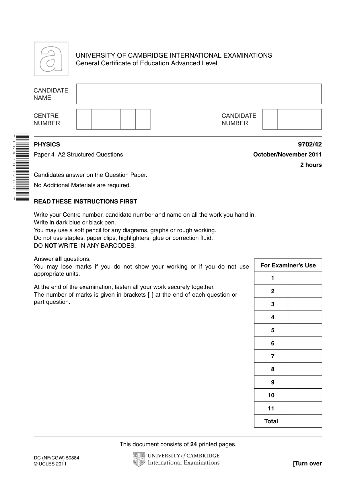Cambridge A Level Physics 9702 2011 Oct/Nov Paper 4 · Variant 2 question paper, page 1 of 24