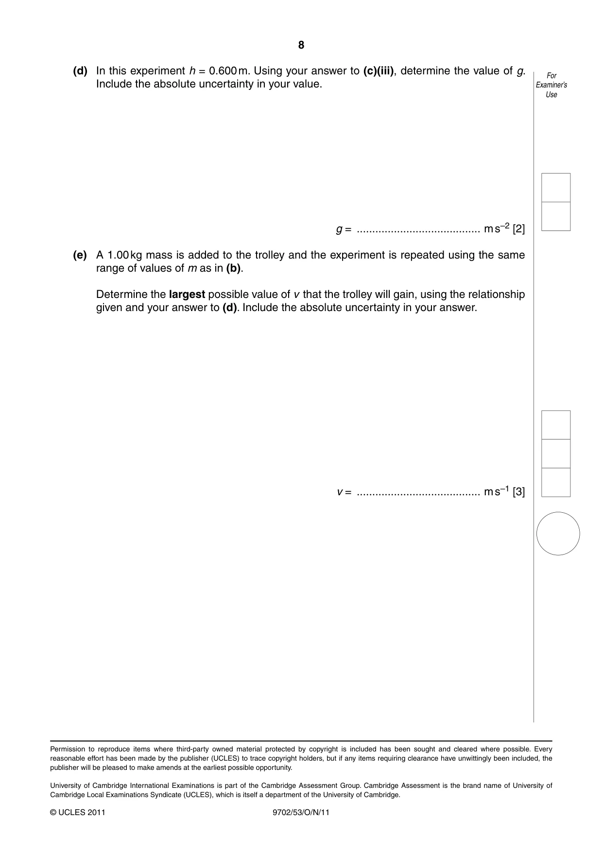 Cambridge A Level Physics 9702 2011 Oct/Nov Paper 5 · Variant 3 question paper, page 8 of 8