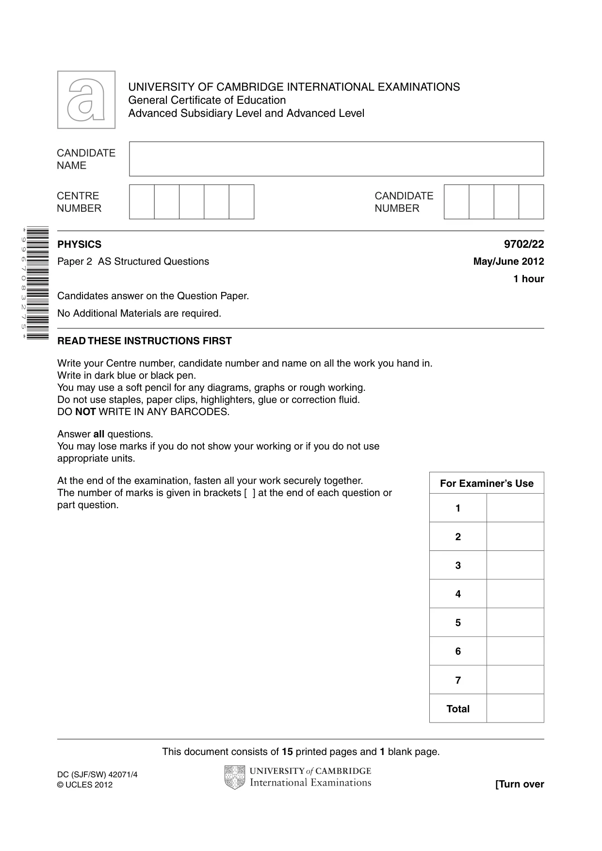 Cambridge A Level Physics 9702 2012 May/June Paper 2 · Variant 2 question paper, page 1 of 16