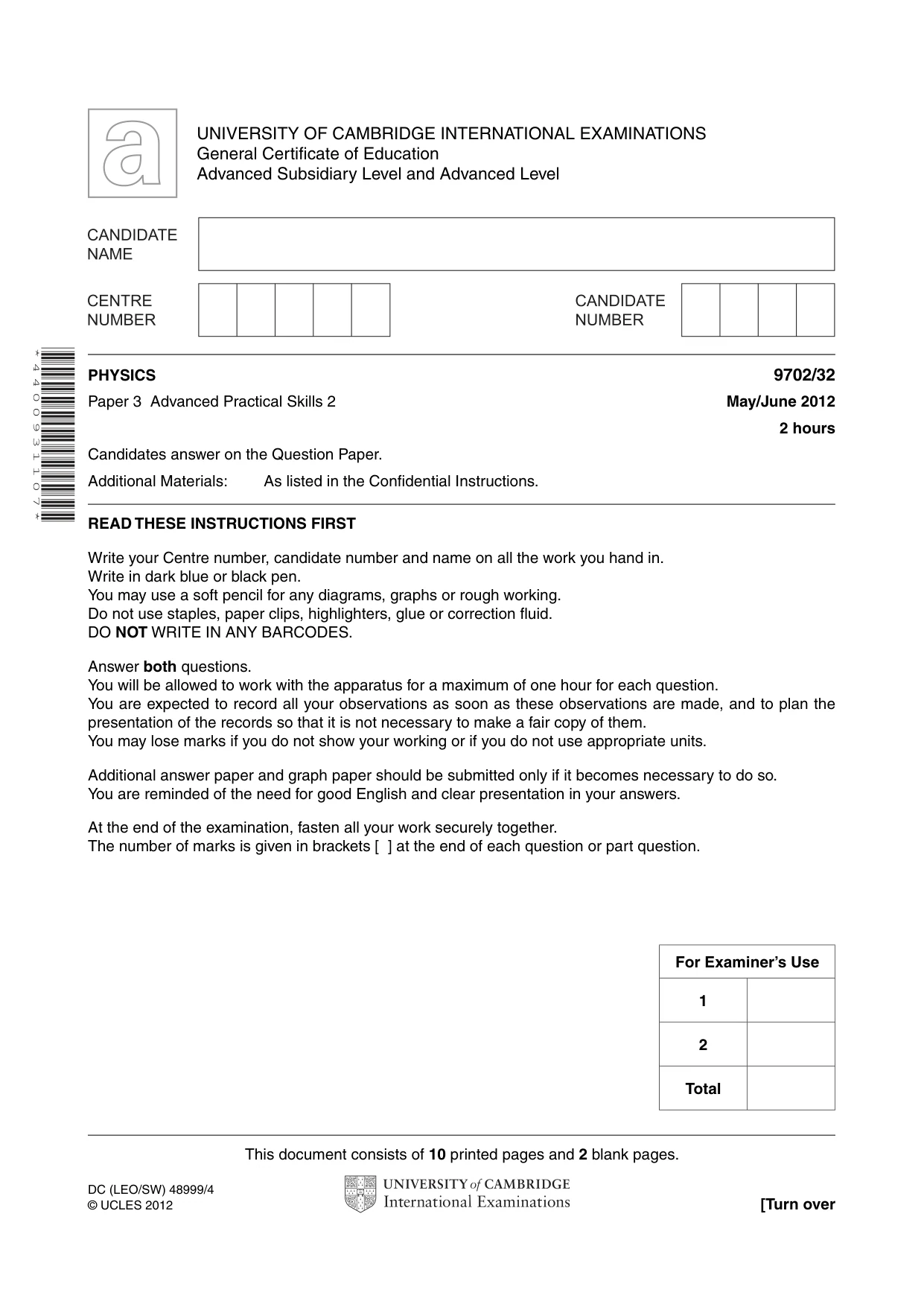 Cambridge A Level Physics 9702 2012 May/June Paper 3 · Variant 2 question paper, page 1 of 12