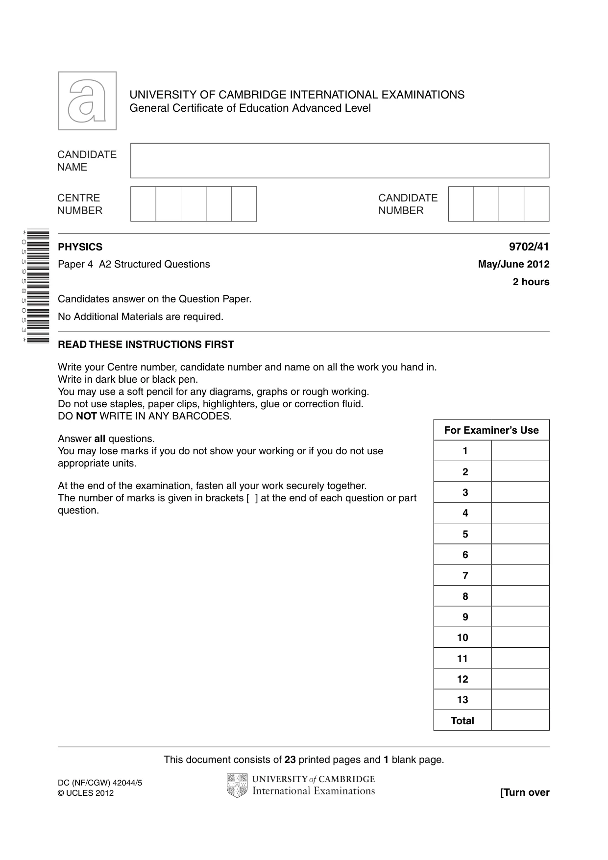 Cambridge A Level Physics 9702 2012 May/June Paper 4 · Variant 1 question paper, page 1 of 24