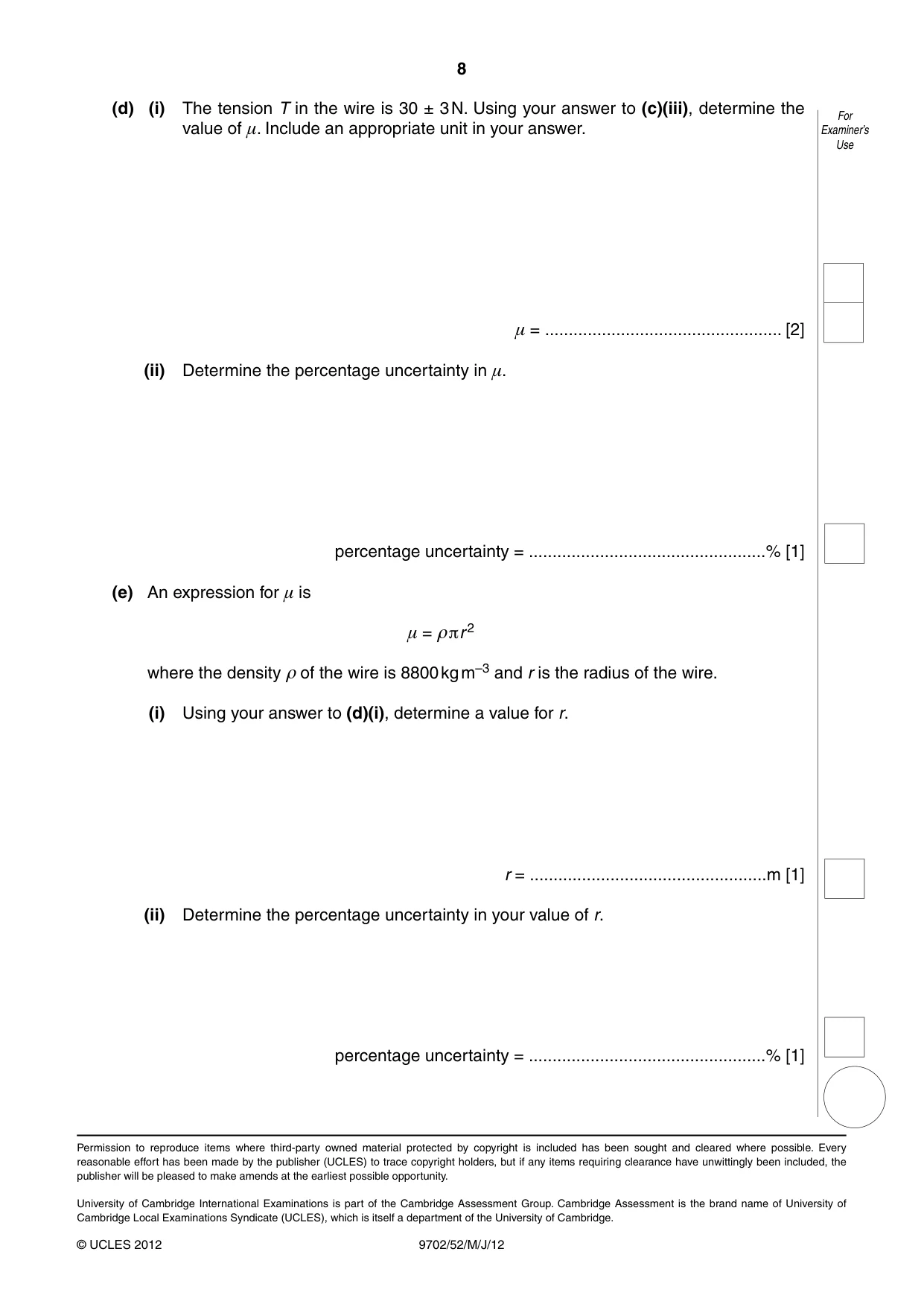 Cambridge A Level Physics 9702 2012 May/June Paper 5 · Variant 2 question paper, page 8 of 8