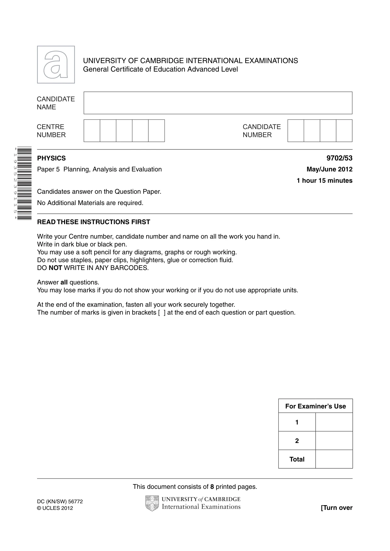 Cambridge A Level Physics 9702 2012 May/June Paper 5 · Variant 3 question paper, page 1 of 8