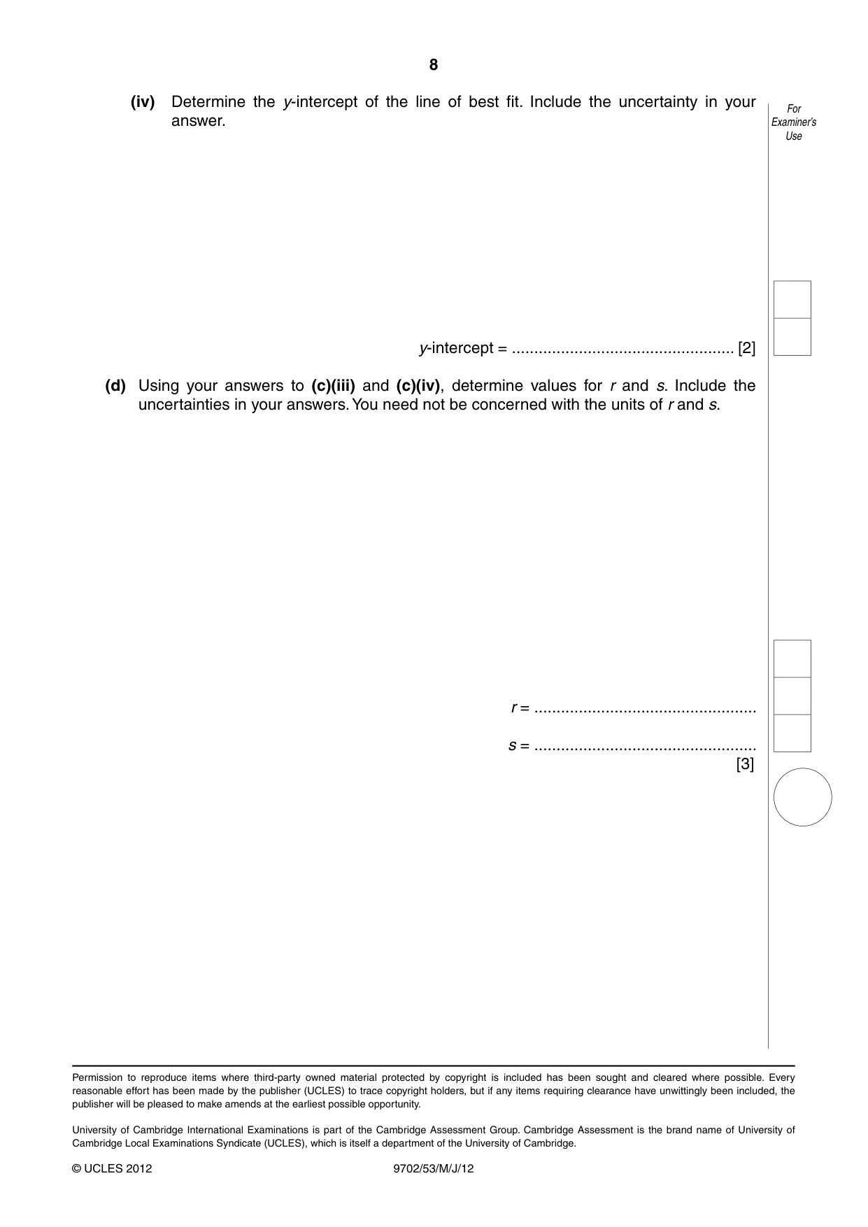 Cambridge A Level Physics 9702 2012 May/June Paper 5 · Variant 3 question paper, page 8 of 8
