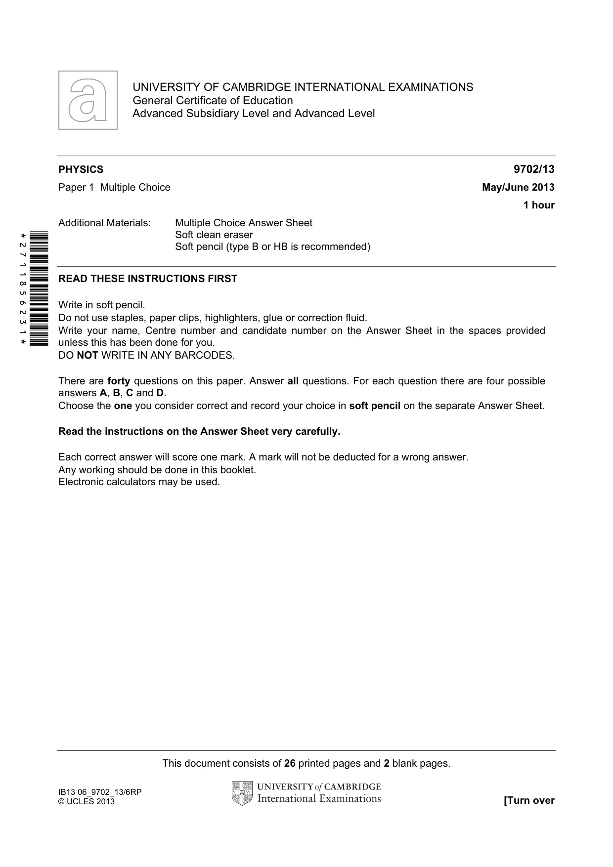 Cambridge A Level Physics 9702 2013 May/June Paper 1 · Variant 3 question paper, page 1 of 28