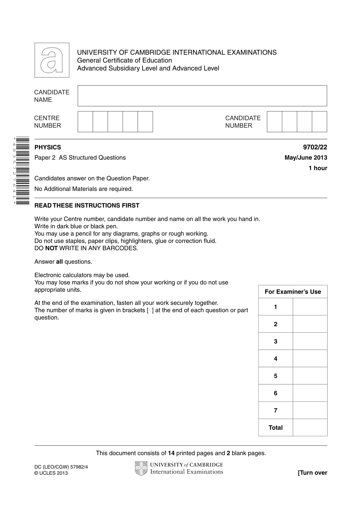 Cambridge A Level Physics 9702 2013 May/June Paper 2 · Variant 2 question paper, page 1 of 16