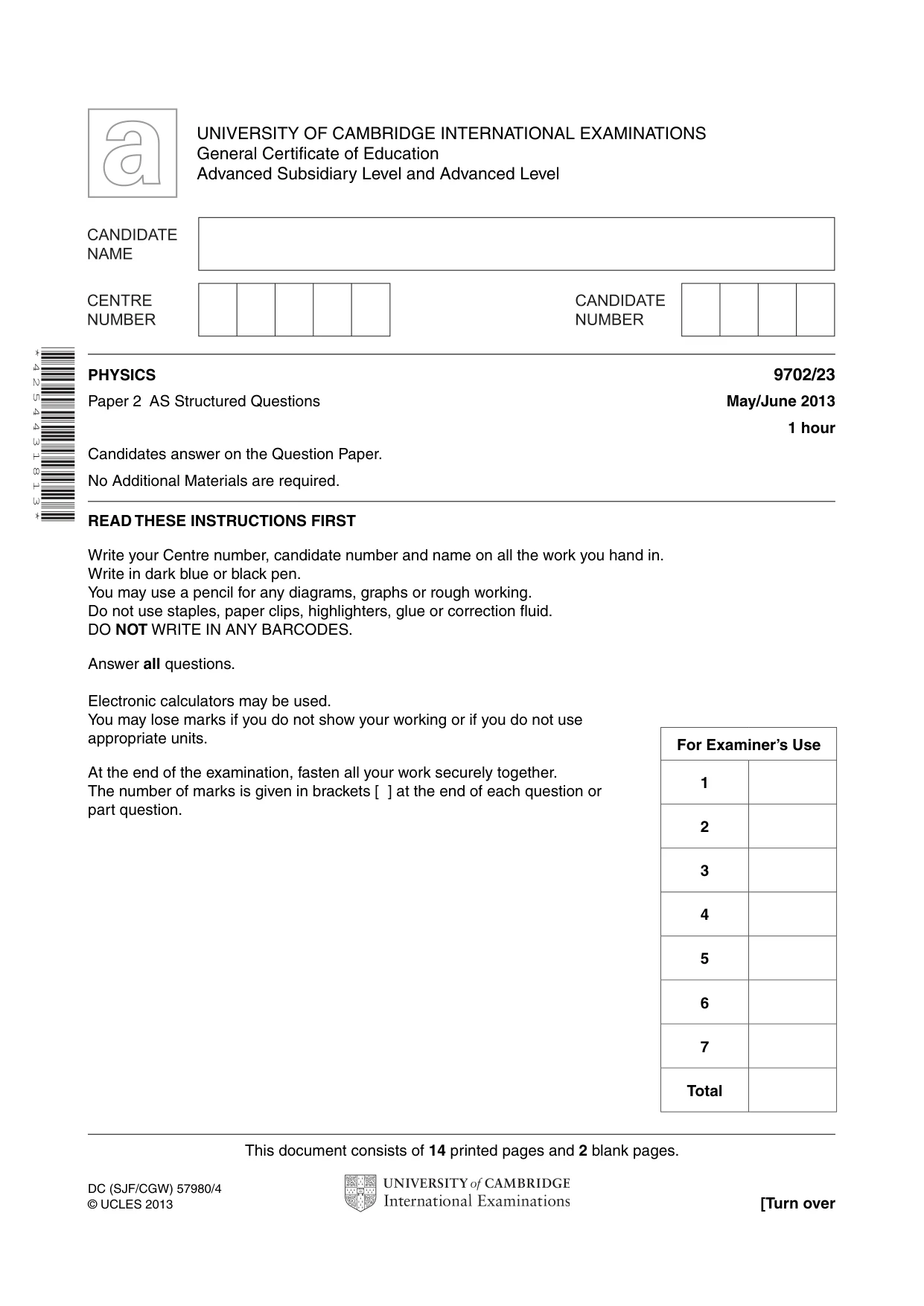 Cambridge A Level Physics 9702 2013 May/June Paper 2 · Variant 3 question paper, page 1 of 16