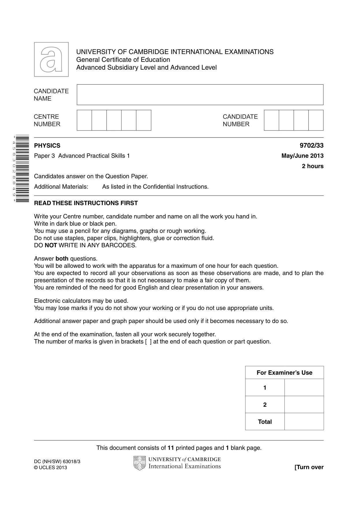 Cambridge A Level Physics 9702 2013 May/June Paper 3 · Variant 3 question paper, page 1 of 12