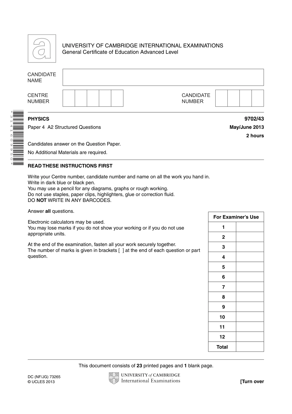 Cambridge A Level Physics 9702 2013 May/June Paper 4 · Variant 3 question paper, page 1 of 24