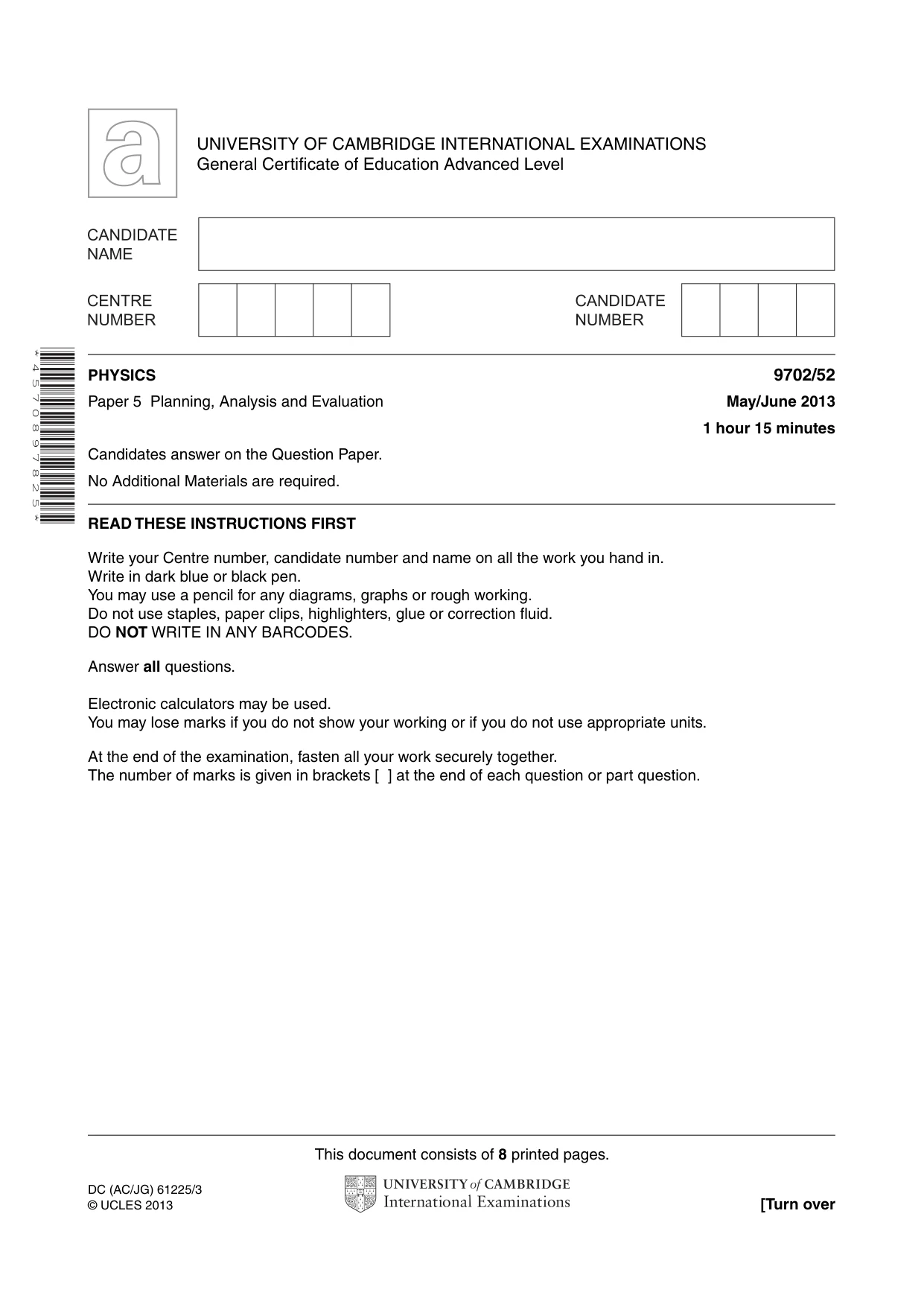 Cambridge A Level Physics 9702 2013 May/June Paper 5 · Variant 2 question paper, page 1 of 8