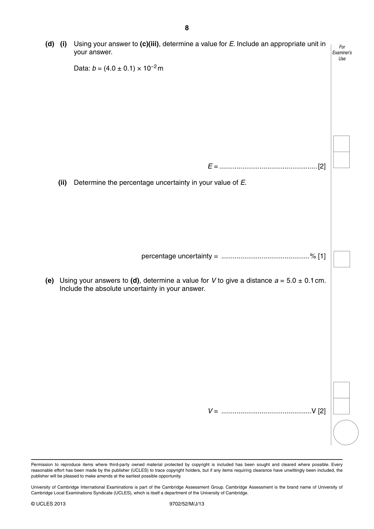 Cambridge A Level Physics 9702 2013 May/June Paper 5 · Variant 2 question paper, page 8 of 8