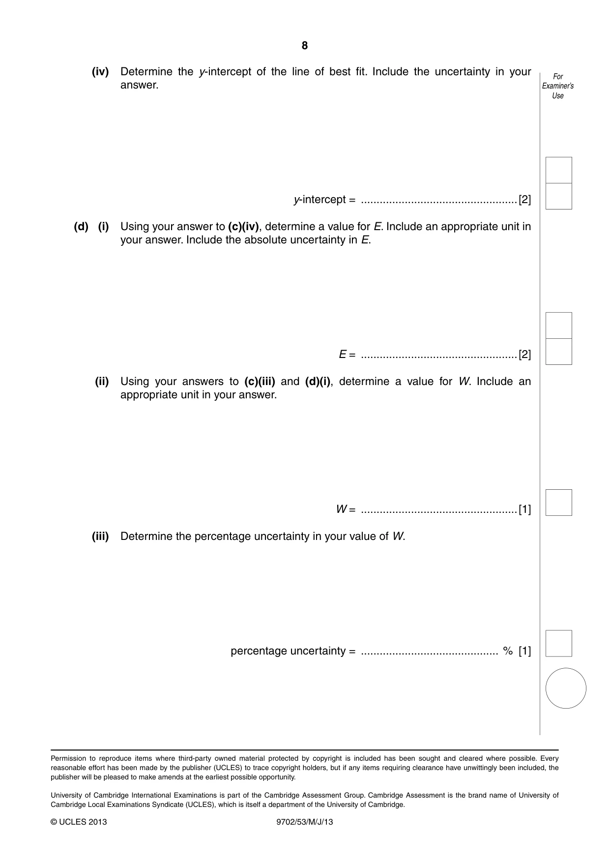 Cambridge A Level Physics 9702 2013 May/June Paper 5 · Variant 3 question paper, page 8 of 8