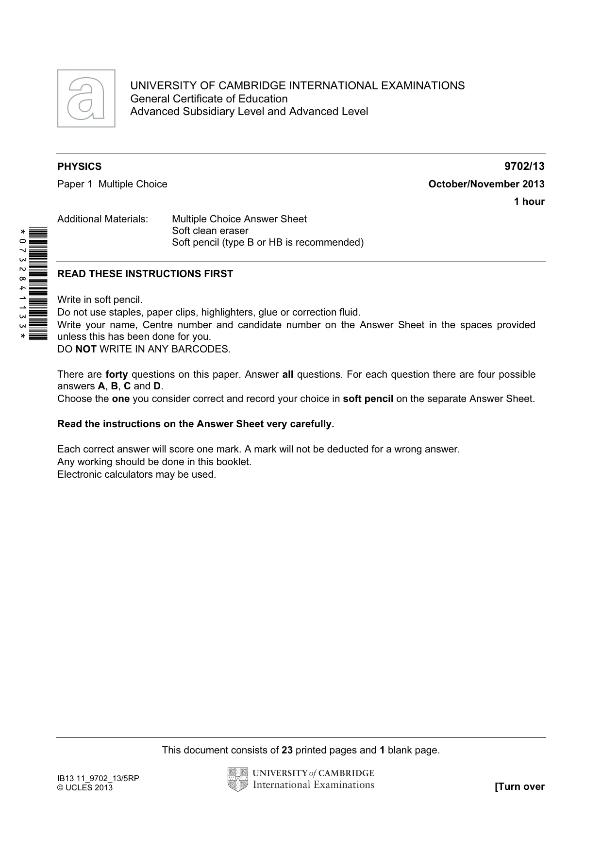 Cambridge A Level Physics 9702 2013 Oct/Nov Paper 1 · Variant 3 question paper, page 1 of 24
