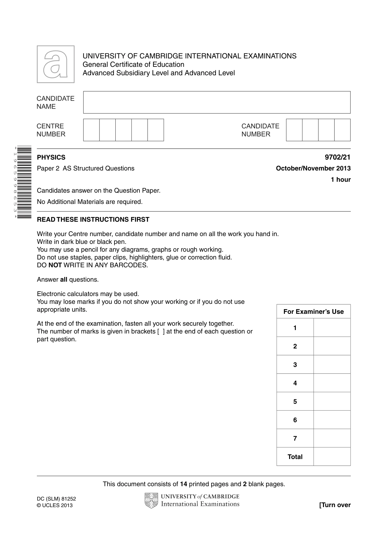 Cambridge A Level Physics 9702 2013 Oct/Nov Paper 2 · Variant 1 question paper, page 1 of 16