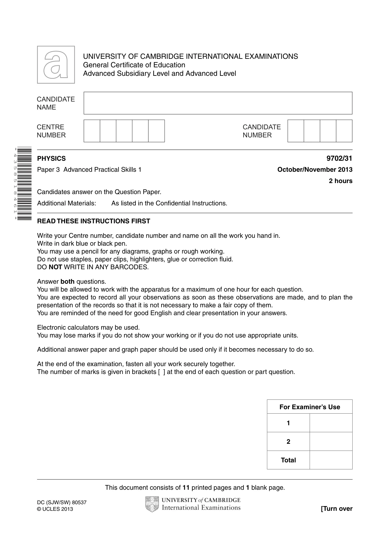 Cambridge A Level Physics 9702 2013 Oct/Nov Paper 3 · Variant 1 question paper, page 1 of 12