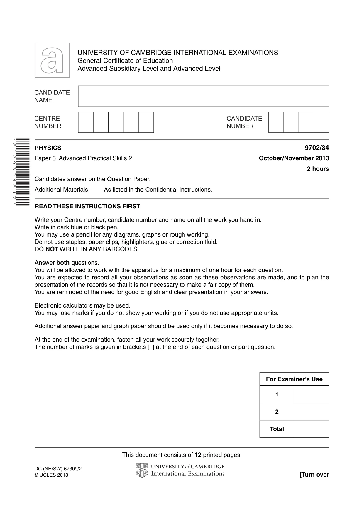 Cambridge A Level Physics 9702 2013 Oct/Nov Paper 3 · Variant 4 question paper, page 1 of 12