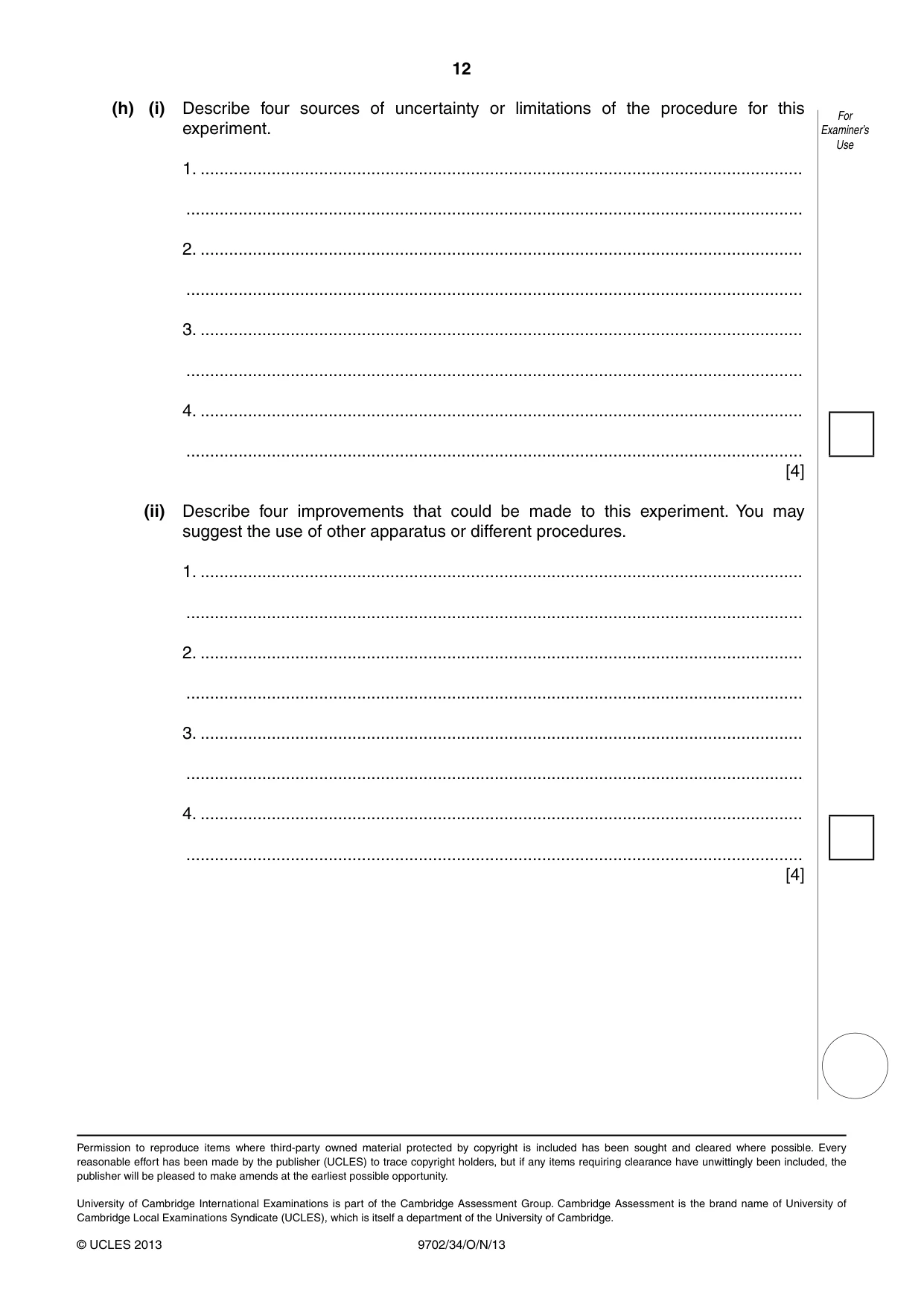 Cambridge A Level Physics 9702 2013 Oct/Nov Paper 3 · Variant 4 question paper, page 12 of 12