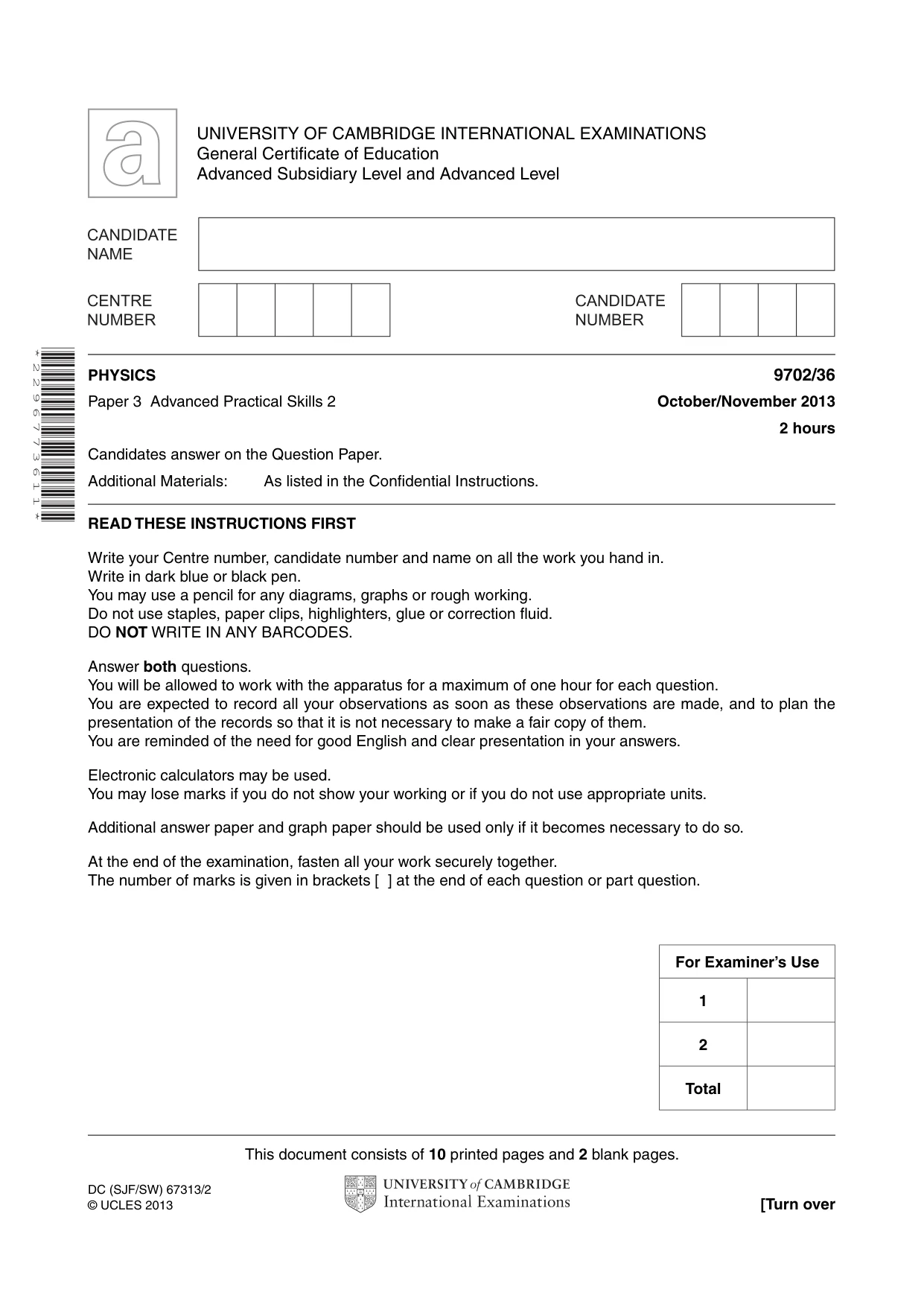 Cambridge A Level Physics 9702 2013 Oct/Nov Paper 3 · Variant 6 question paper, page 1 of 12