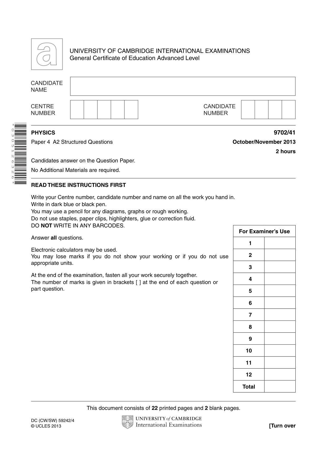 Cambridge A Level Physics 9702 2013 Oct/Nov Paper 4 · Variant 1 question paper, page 1 of 24
