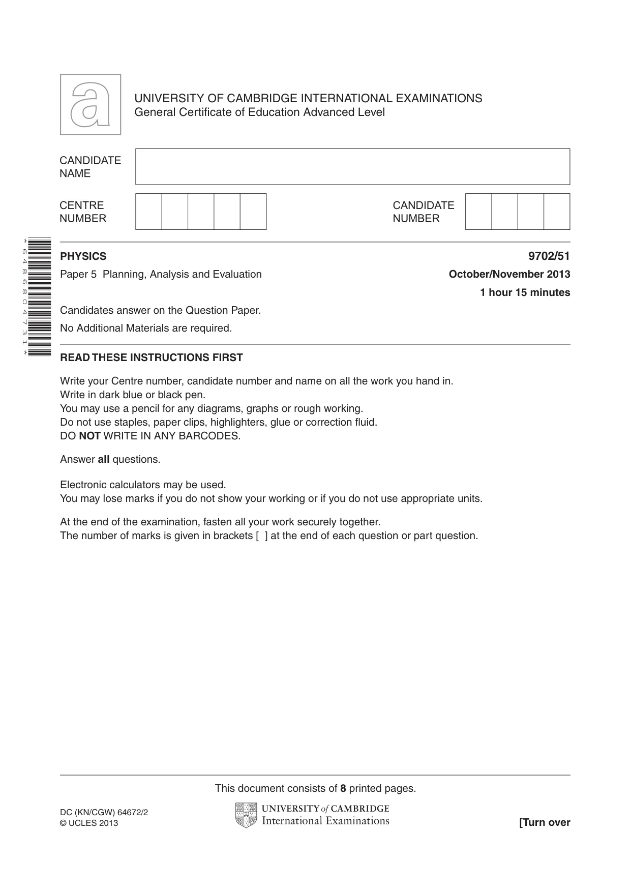 Cambridge A Level Physics 9702 2013 Oct/Nov Paper 5 · Variant 1 question paper, page 1 of 8