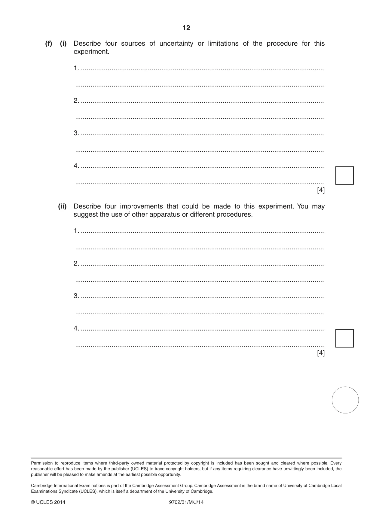 Cambridge A Level Physics 9702 2014 May/June Paper 3 · Variant 1 question paper, page 12 of 12