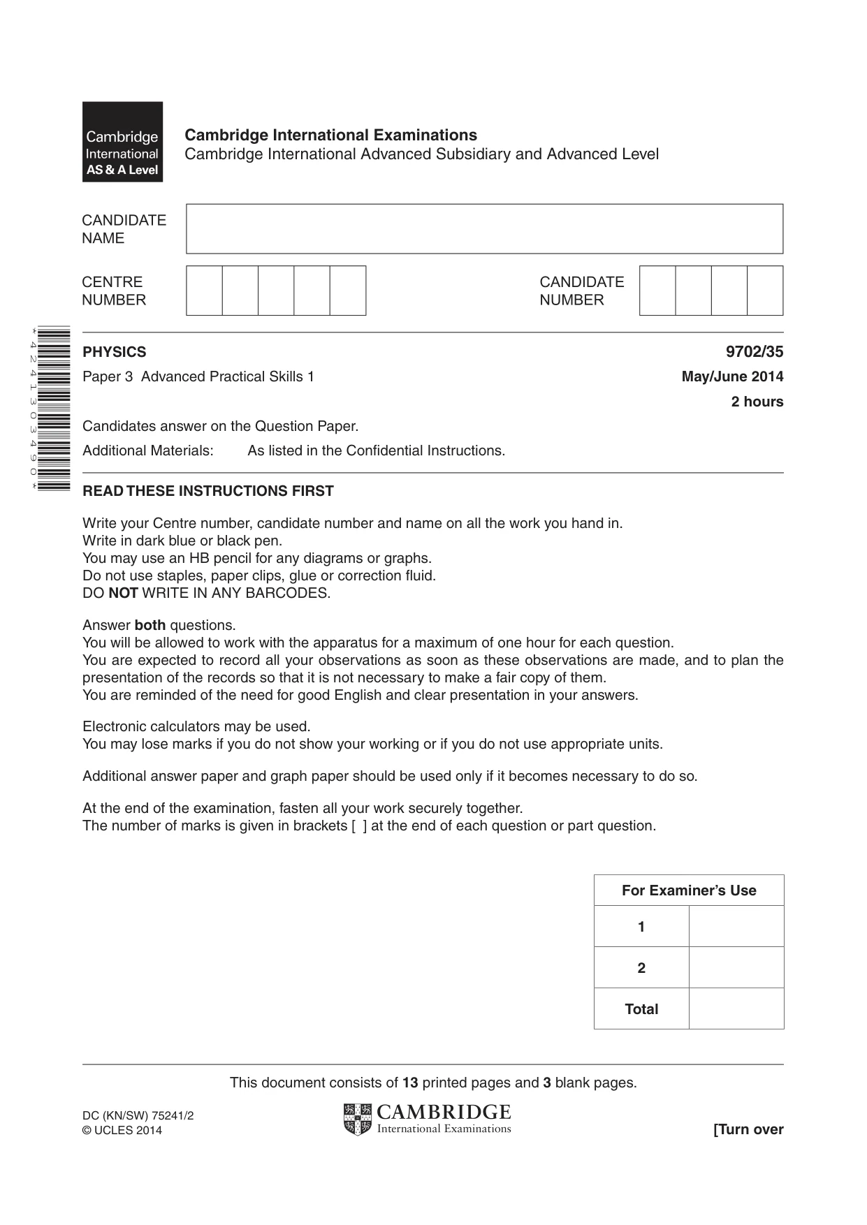 Cambridge A Level Physics 9702 2014 May/June Paper 3 · Variant 5 question paper, page 1 of 16