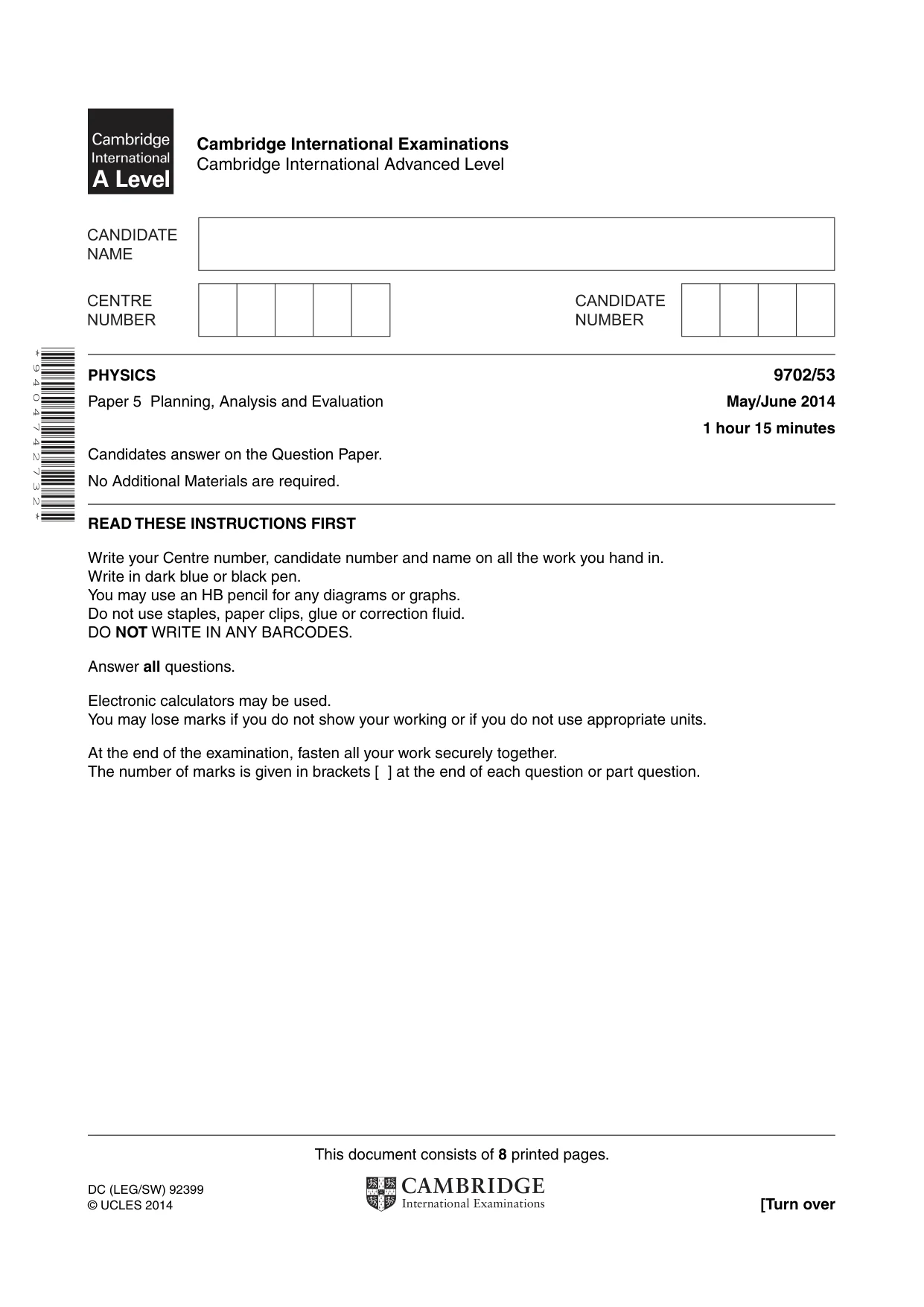 Cambridge A Level Physics 9702 2014 May/June Paper 5 · Variant 3 question paper, page 1 of 8