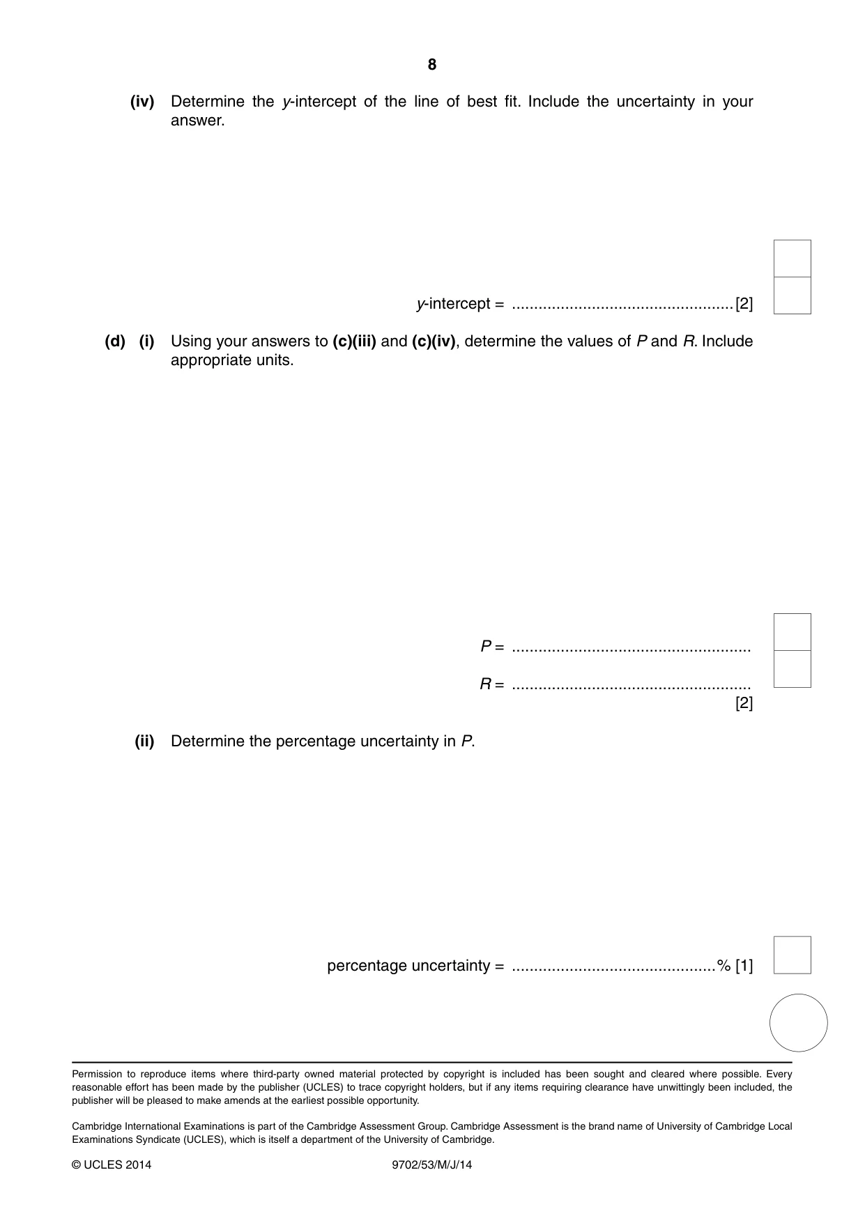 Cambridge A Level Physics 9702 2014 May/June Paper 5 · Variant 3 question paper, page 8 of 8