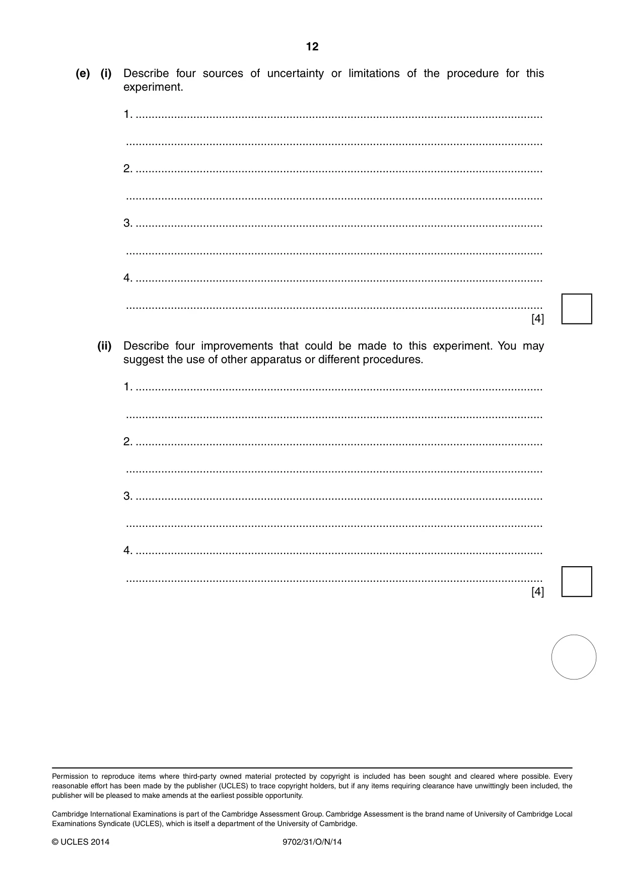 Cambridge A Level Physics 9702 2014 Oct/Nov Paper 3 · Variant 1 question paper, page 12 of 12