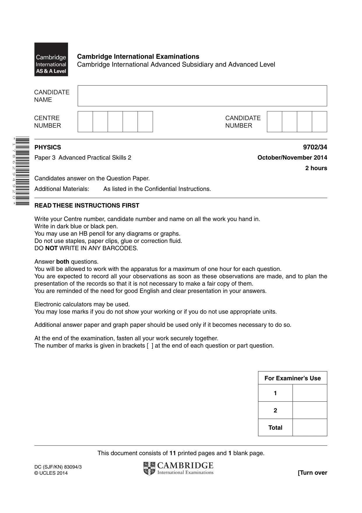 Cambridge A Level Physics 9702 2014 Oct/Nov Paper 3 · Variant 4 question paper, page 1 of 12