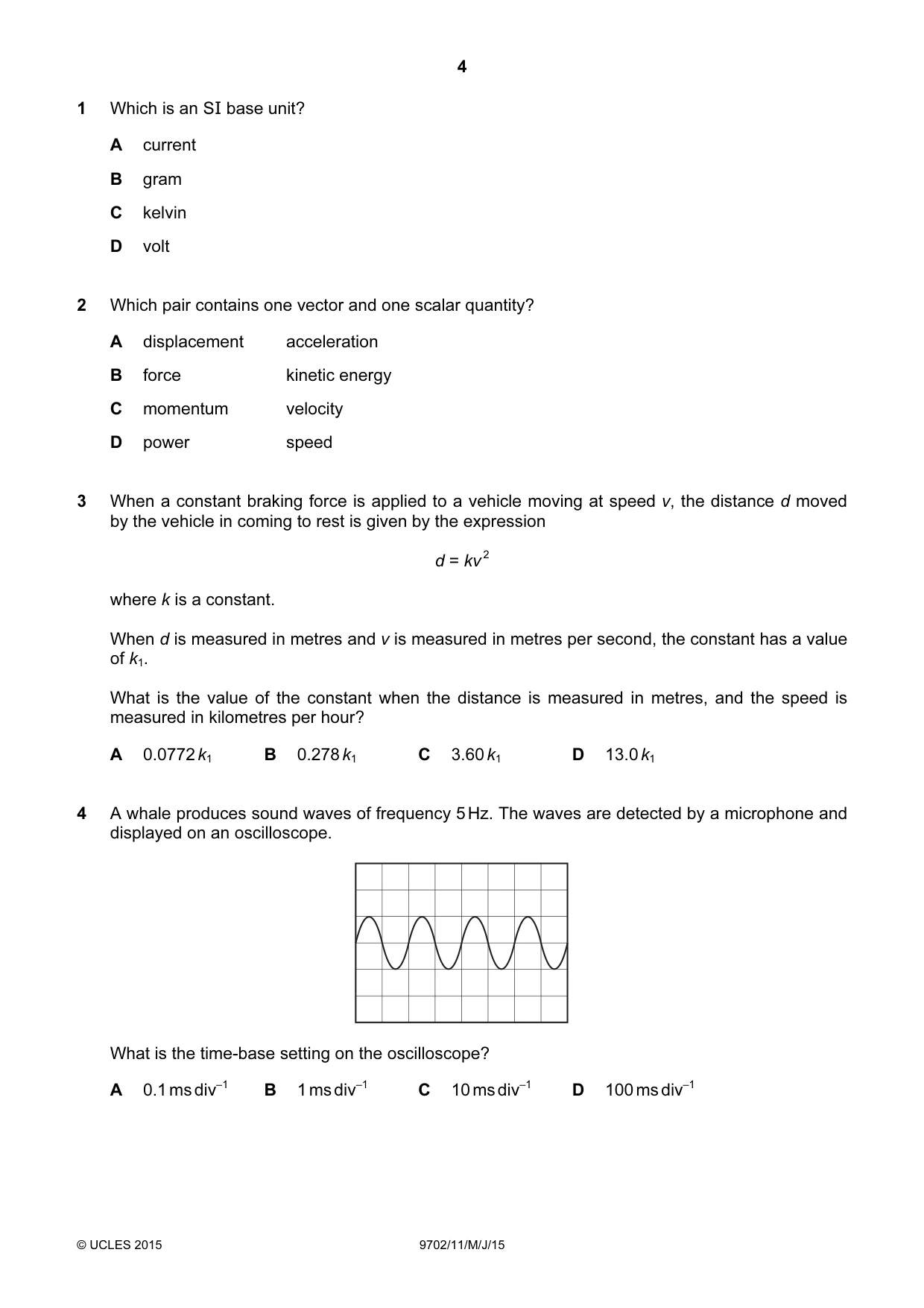 Cambridge A Level Physics 9702 2015 May/June Paper 1 · Variant 1 question paper, page 4 of 20