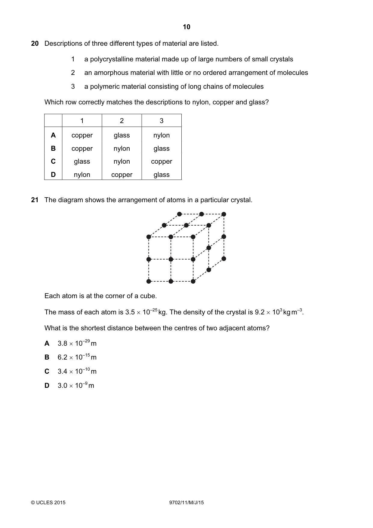 Cambridge A Level Physics 9702 2015 May/June Paper 1 · Variant 1 question paper, page 10 of 20
