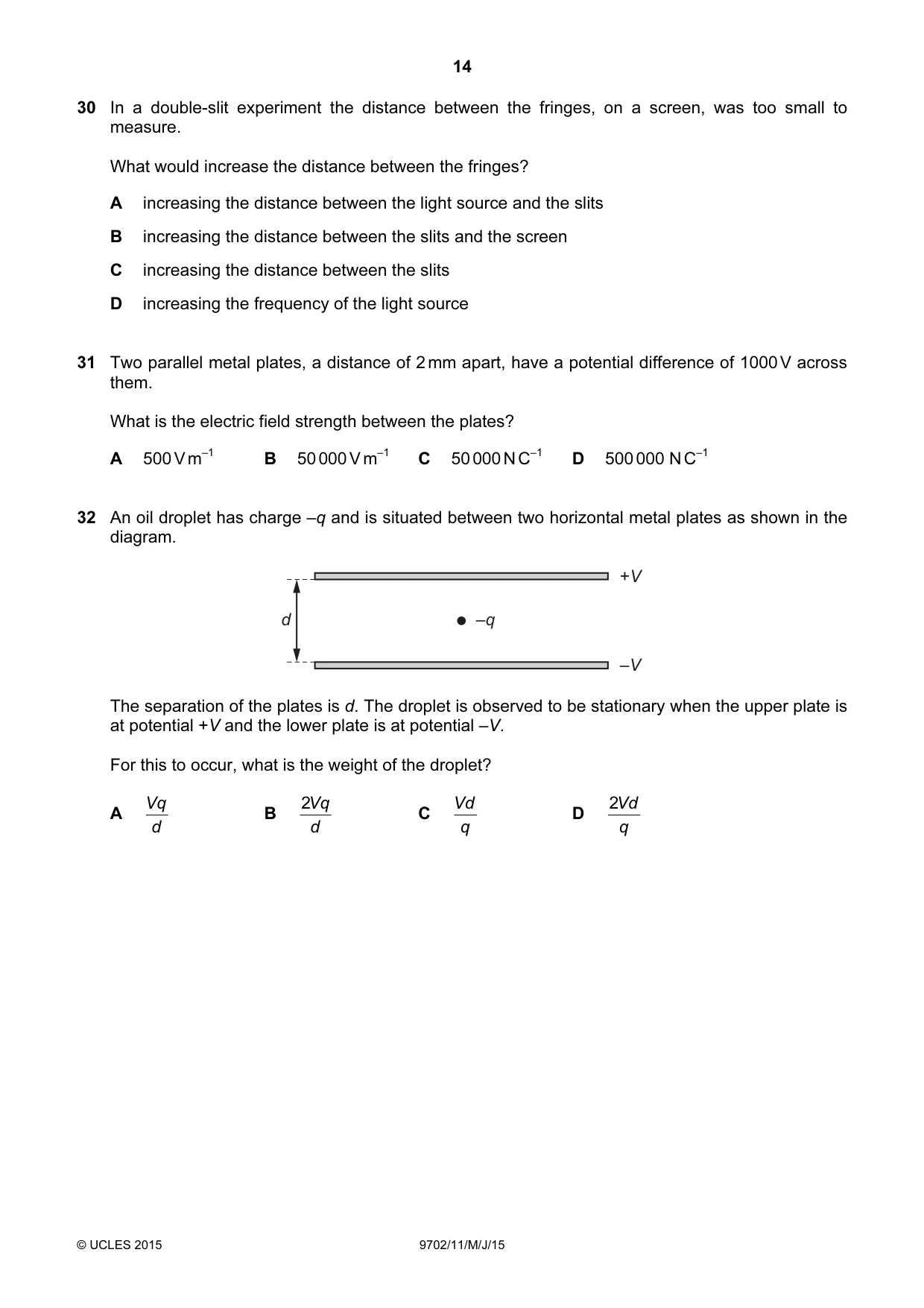 Cambridge A Level Physics 9702 2015 May/June Paper 1 · Variant 1 question paper, page 14 of 20