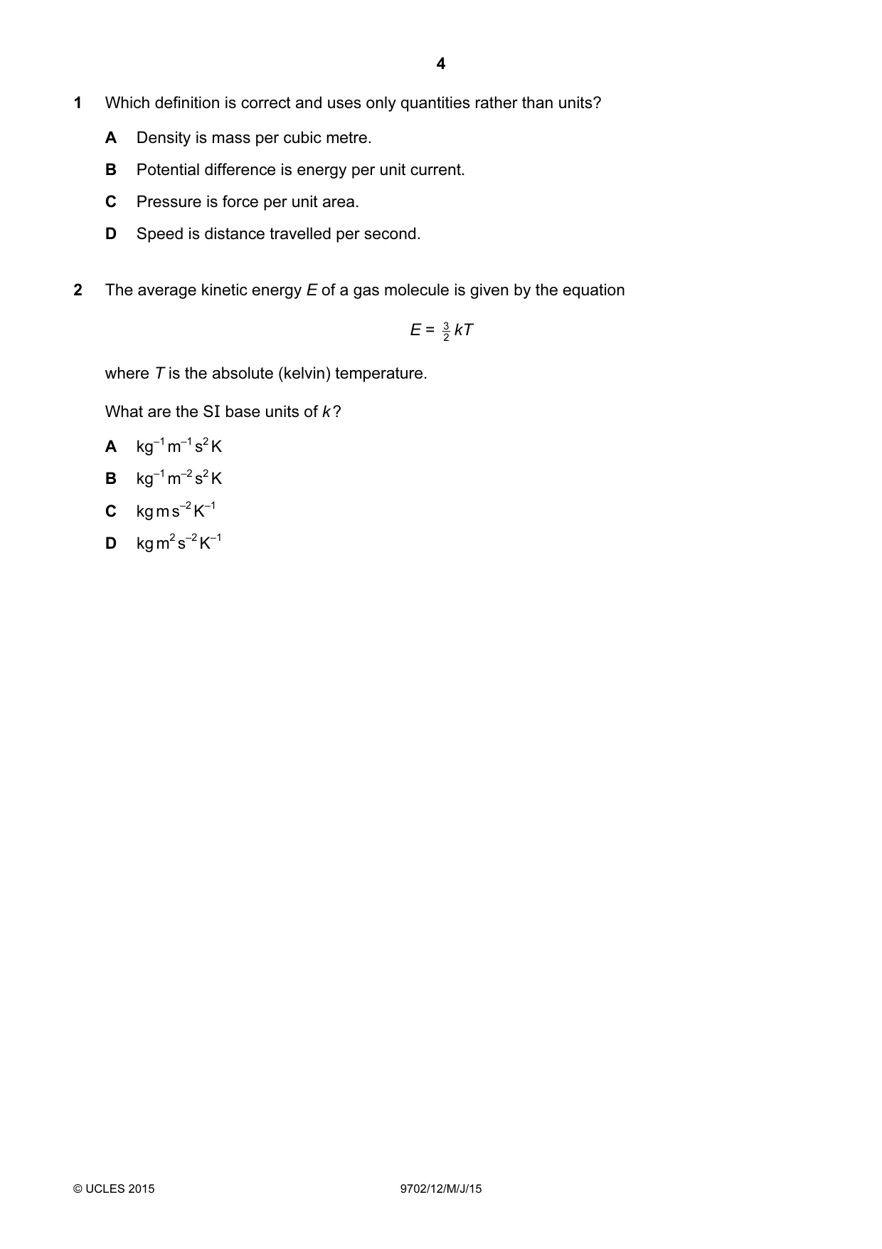 Cambridge A Level Physics 9702 2015 May/June Paper 1 · Variant 2 question paper, page 4 of 20