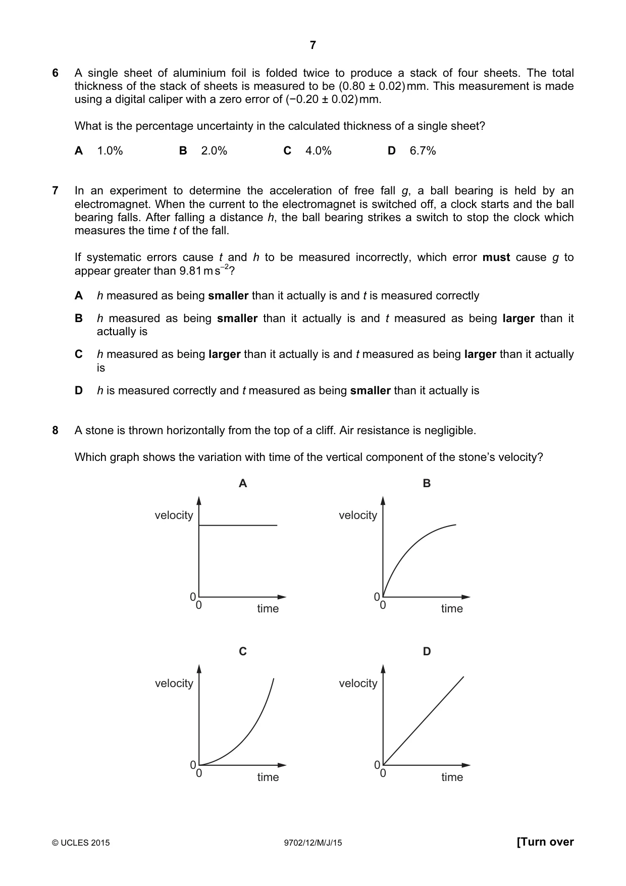 Cambridge A Level Physics 9702 2015 May/June Paper 1 · Variant 2 question paper, page 7 of 20