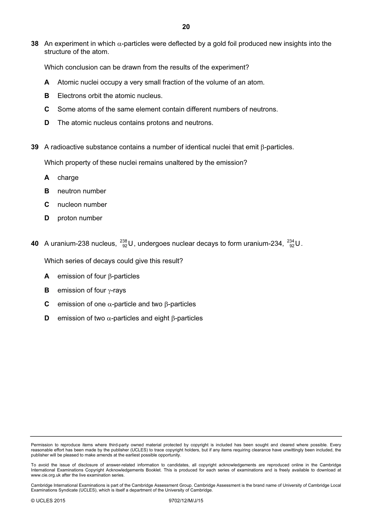Cambridge A Level Physics 9702 2015 May/June Paper 1 · Variant 2 question paper, page 20 of 20