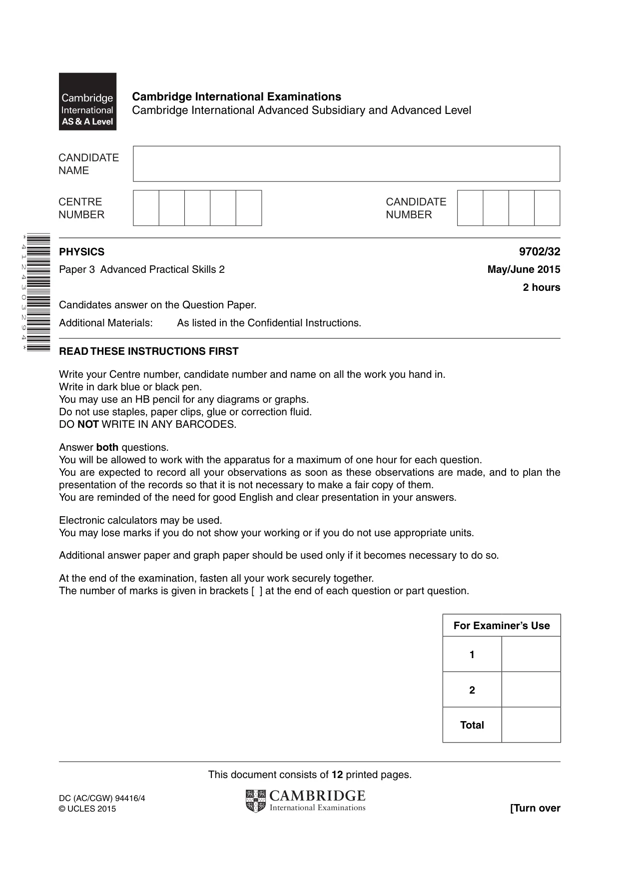 Cambridge A Level Physics 9702 2015 May/June Paper 3 · Variant 2 question paper, page 1 of 12