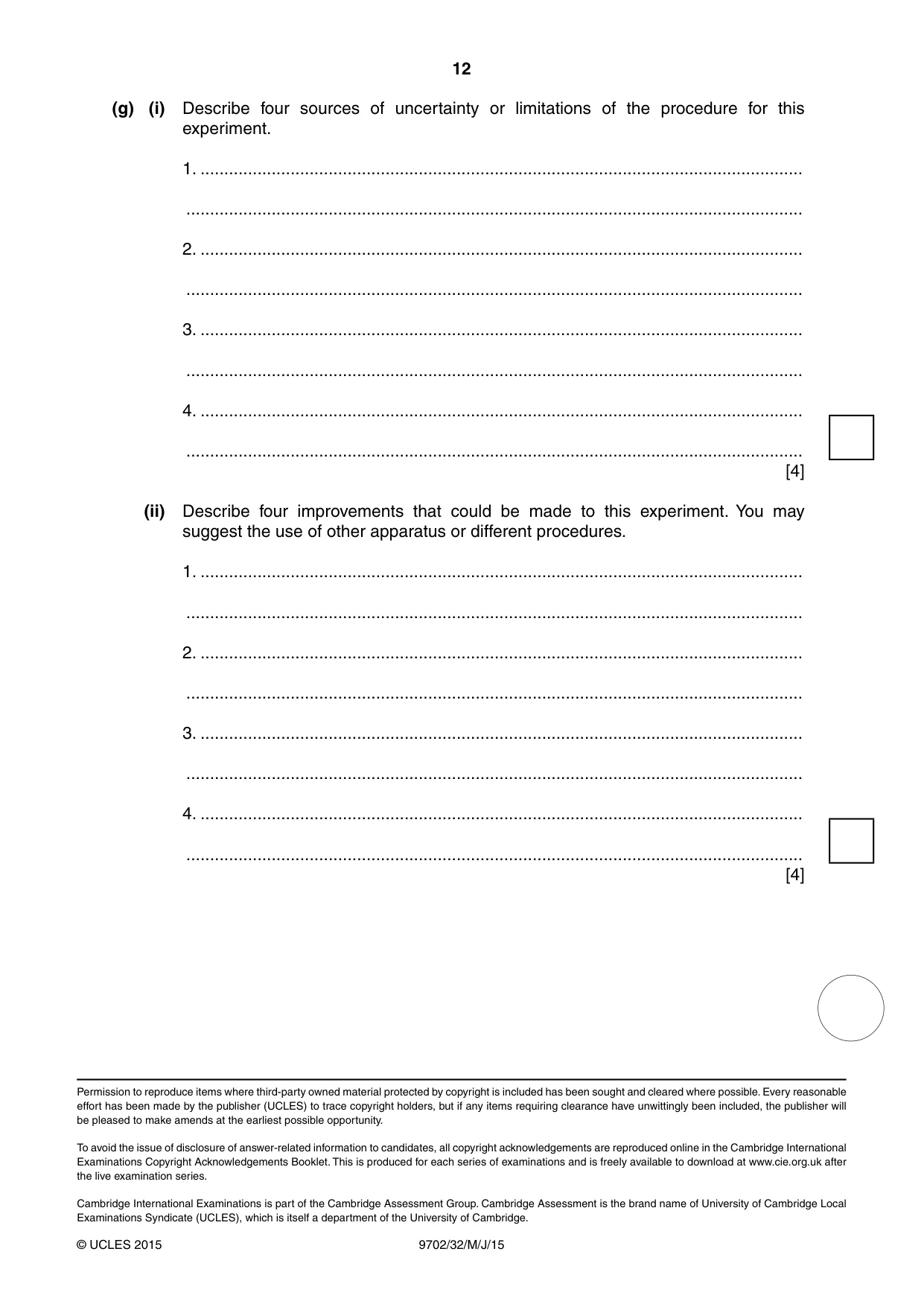 Cambridge A Level Physics 9702 2015 May/June Paper 3 · Variant 2 question paper, page 12 of 12