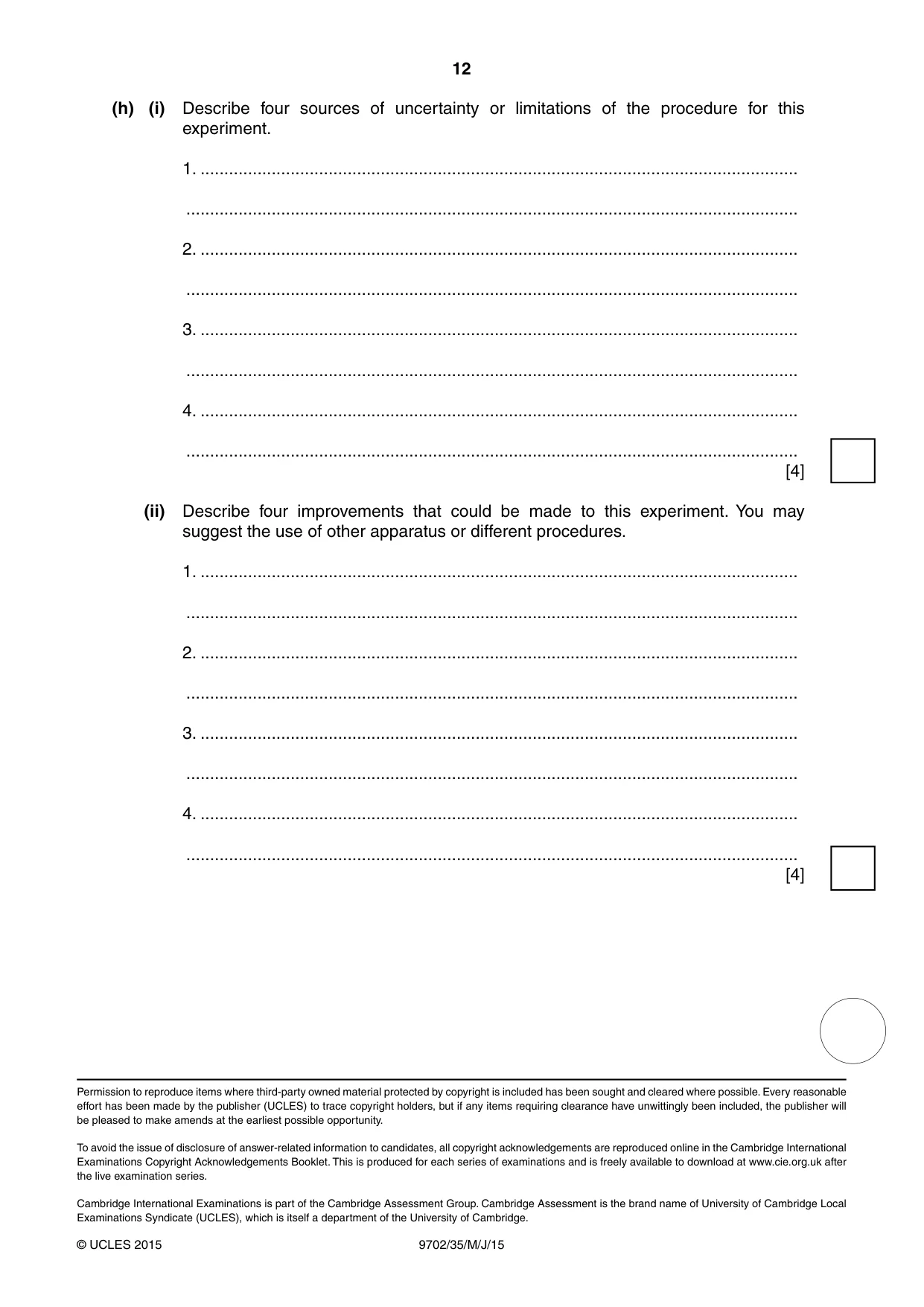 Cambridge A Level Physics 9702 2015 May/June Paper 3 · Variant 5 question paper, page 12 of 12