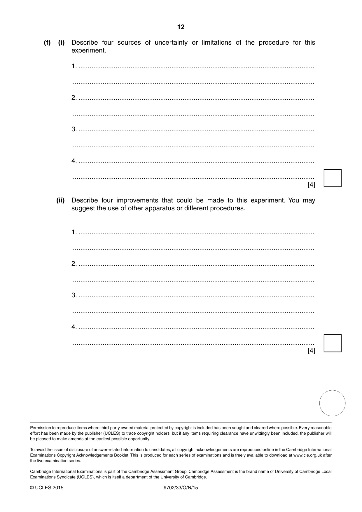 Cambridge A Level Physics 9702 2015 Oct/Nov Paper 3 · Variant 3 question paper, page 12 of 12