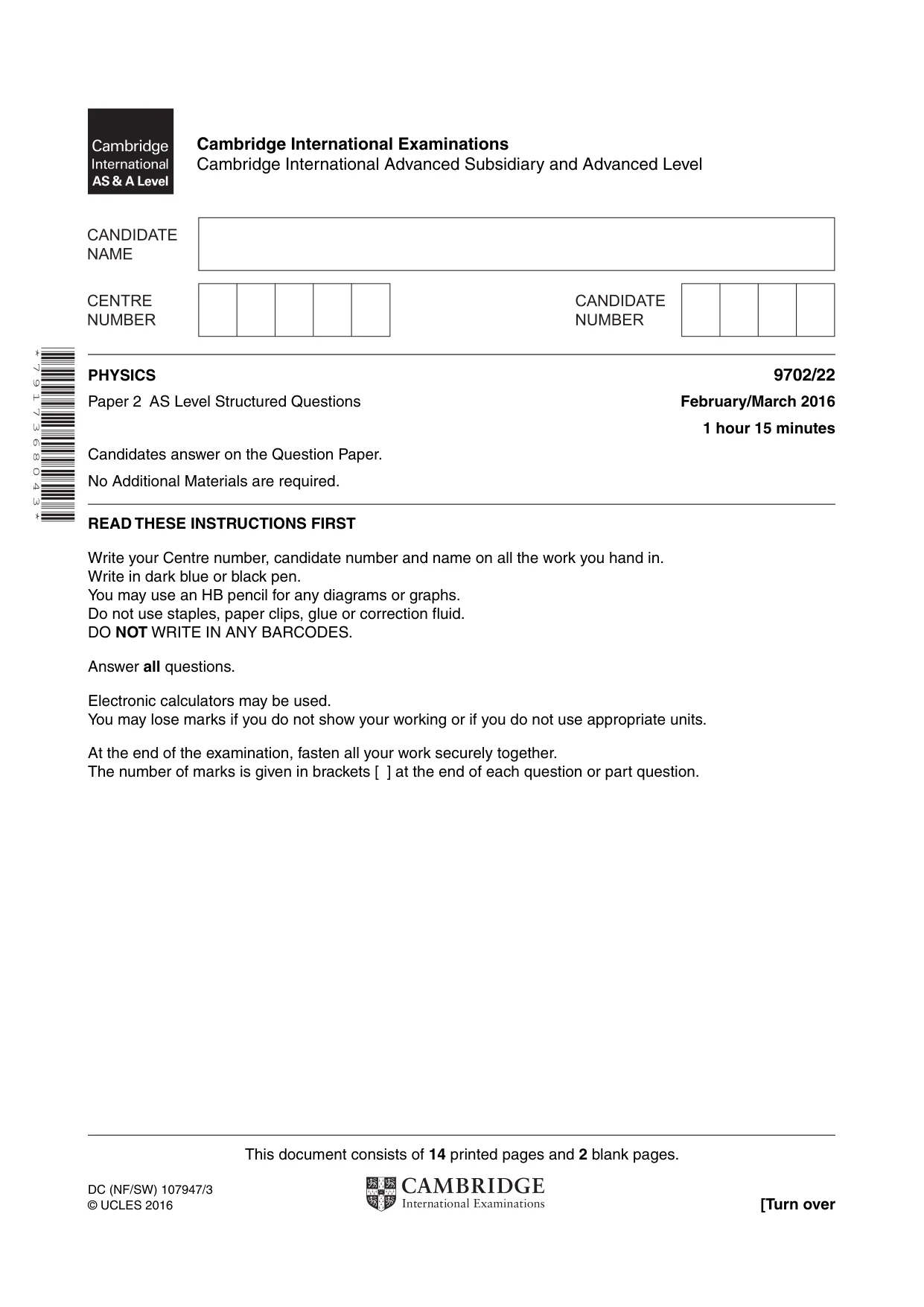 Cambridge A Level Physics 9702 2016 Feb/March Paper 2 · Variant 2 question paper, page 1 of 16