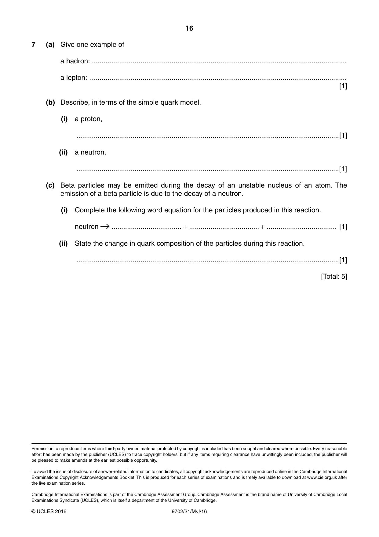 Cambridge A Level Physics 9702 2016 May/June Paper 2 · Variant 1 question paper, page 16 of 16