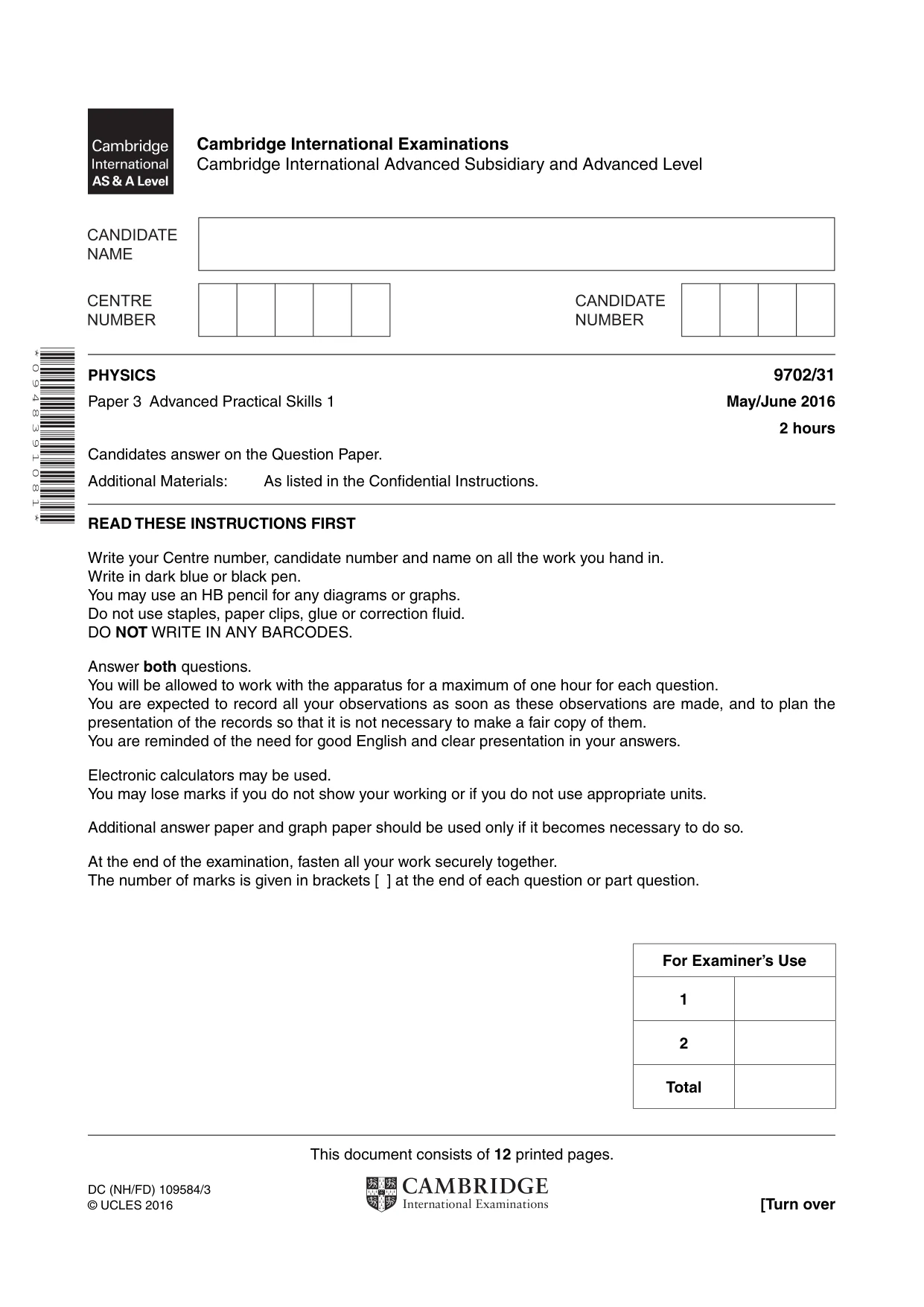 Cambridge A Level Physics 9702 2016 May/June Paper 3 · Variant 1 question paper, page 1 of 12